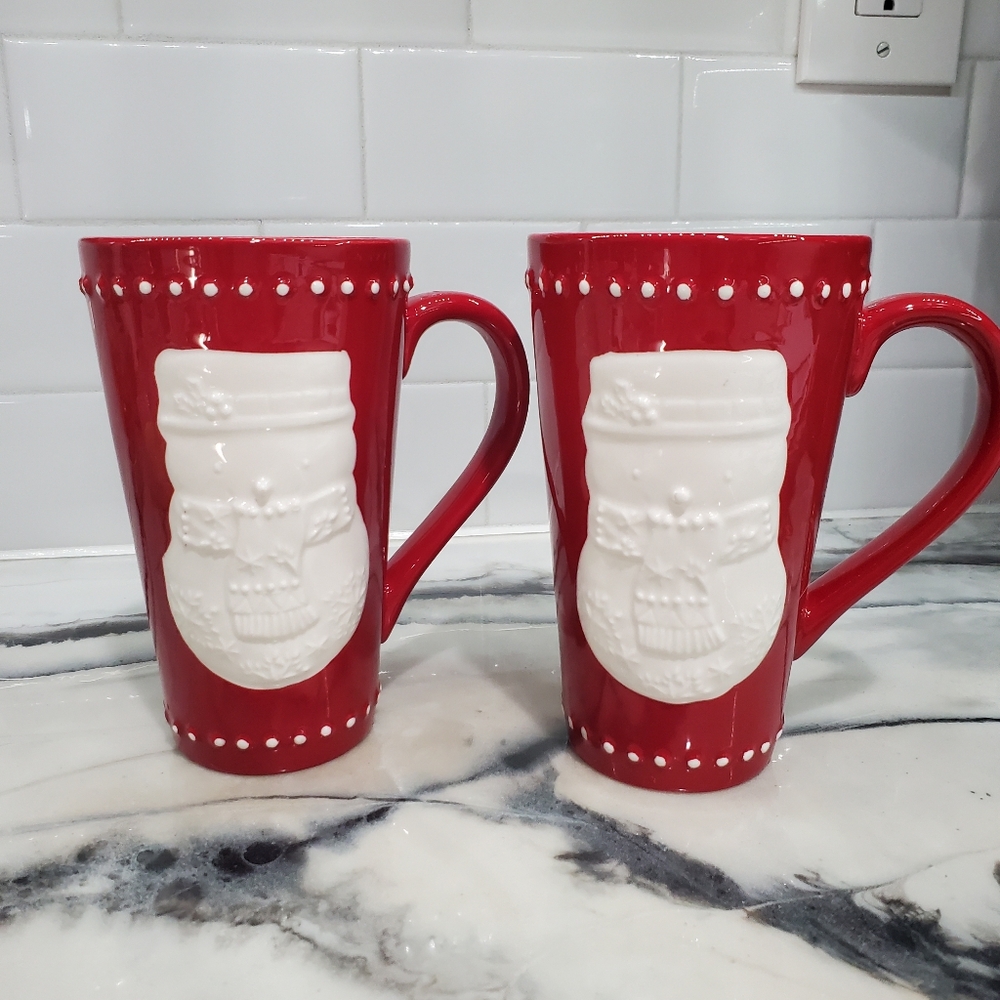 Hallmark Holiday Christmas Snowman Mugs Set of 2 Red and White